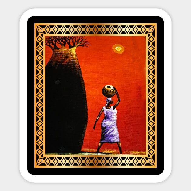 African Woman Artwork, African Tree Sunset Sticker by logiamerch